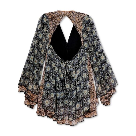 Free People Gabi Tunic Mini Dress/Top Blue Floral Retro Dramatic Hippie XS - Picture 3 of 10